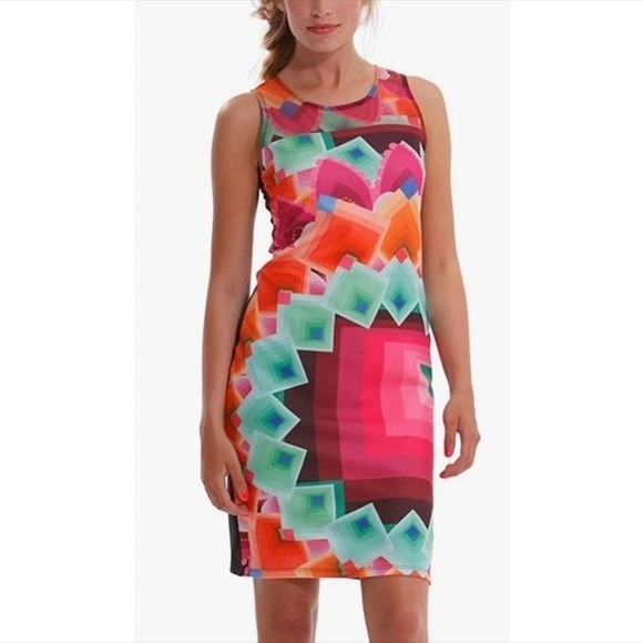 DESIGUAL Margaret Abstract Geometric Colorful Sleeveless Dress w/Mesh Neckline - Picture 1 of 12
